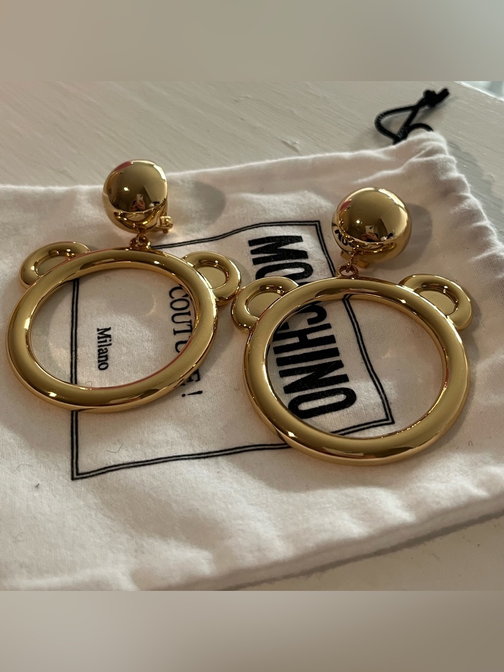 Moschino Gold Tone Bear Hoop Drop Earrings - Picture 2 of 6